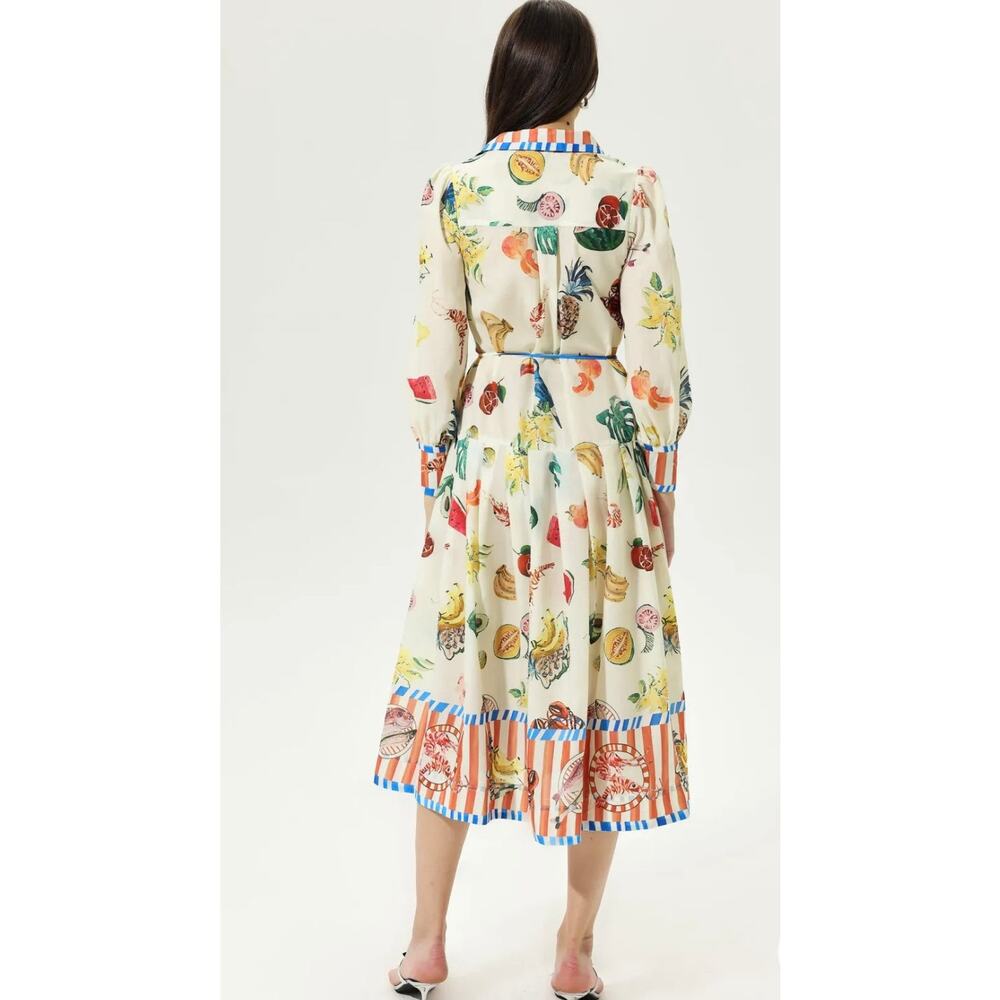 Buelah Fruit Print Midi Dress Button Front Tie Waist Size L - Picture 2 of 16
